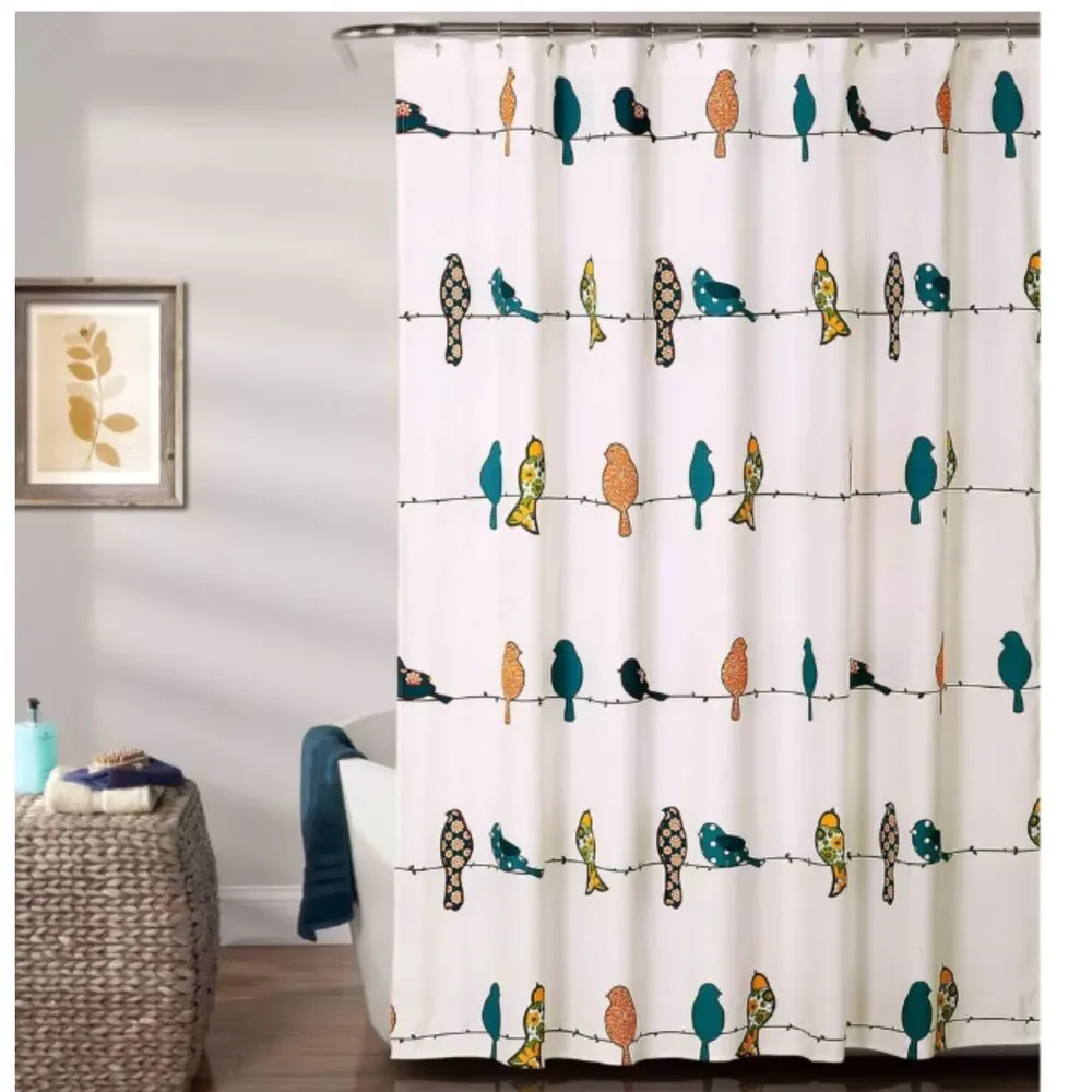 Lush Decor—Birds on a Wire Shower Curtain Whimsical Floral White Blue Orange